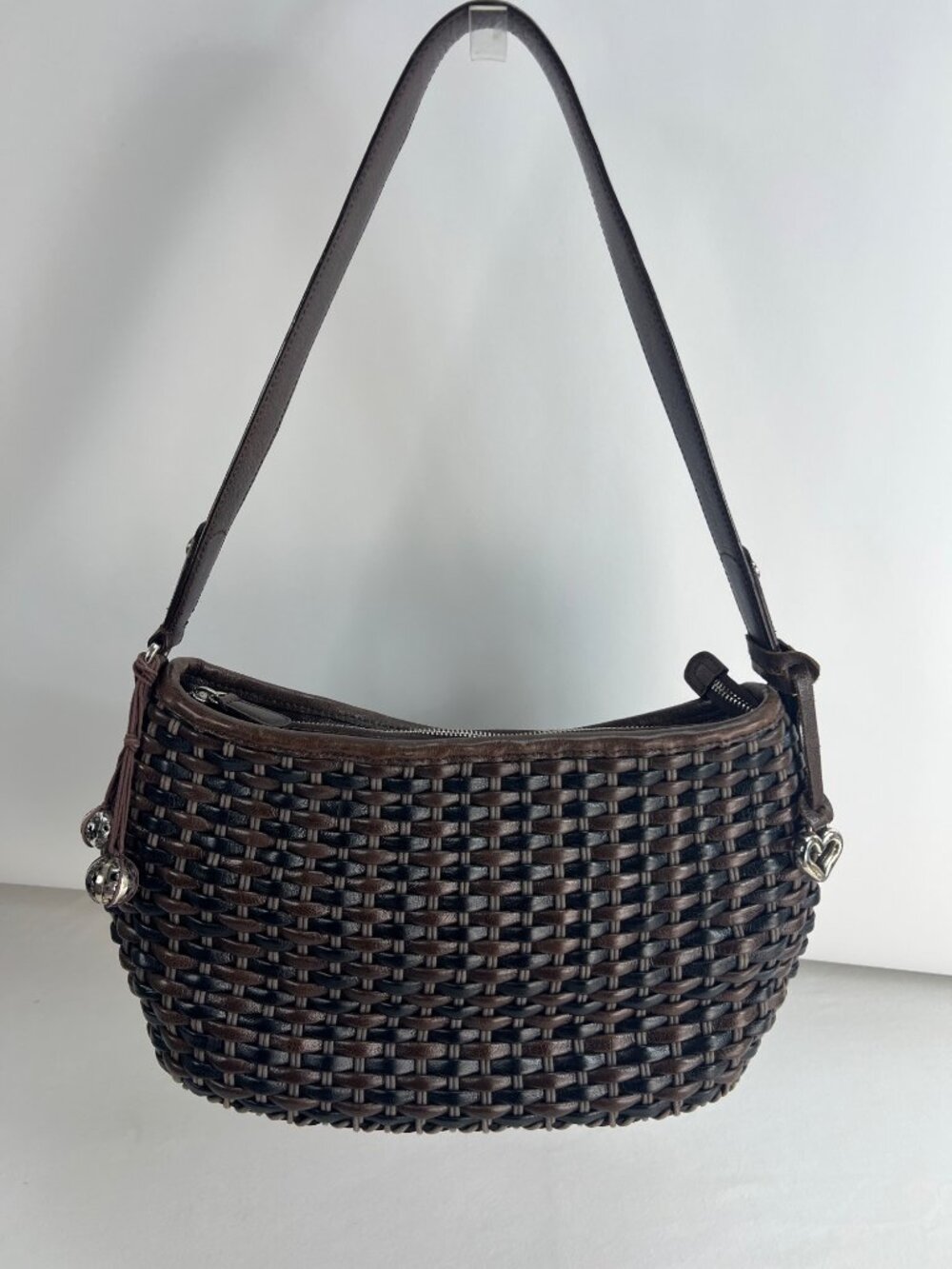 Brighton Brown/Black Woven Leather Shoulder Bag With Heart Charm & Silver Accent